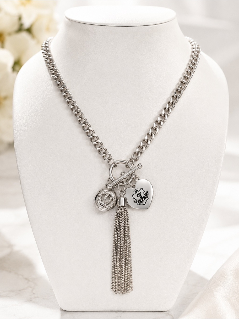 Juicy Couture Silvertone Tassel Toggle Necklace Heart Locket Crown Charm NWT